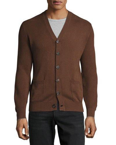 Patch-pocket Ribbed-trim Cardigan, Brown/gray