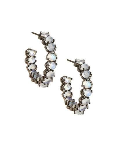 Rainbow Moonstone & Champagne Diamond Hoop Earrings