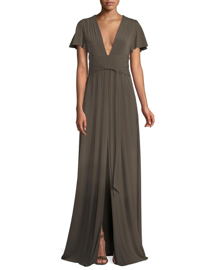 Jersey Flutter-sleeve Wrap Gown