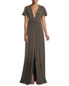 Jersey Flutter-sleeve Wrap Gown