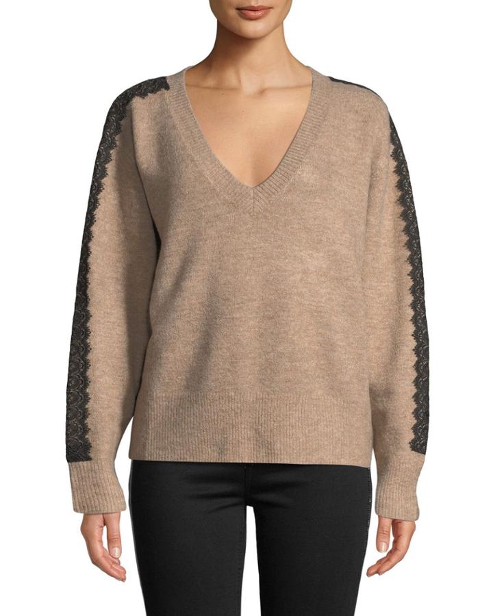 Lace-embellished V-neck Cotton-blend