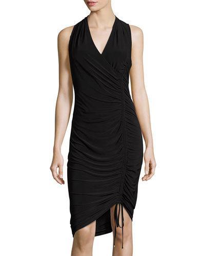 V-neck Ruched Drawstring Sheath Dress, Black