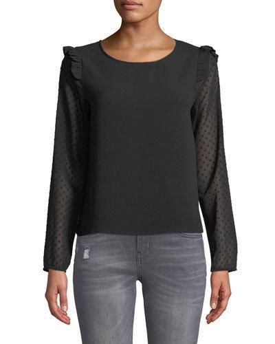 Swiss Dot Ruffle-shoulder Blouse
