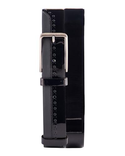 Contrast-trim Patent Leather Belt, Black