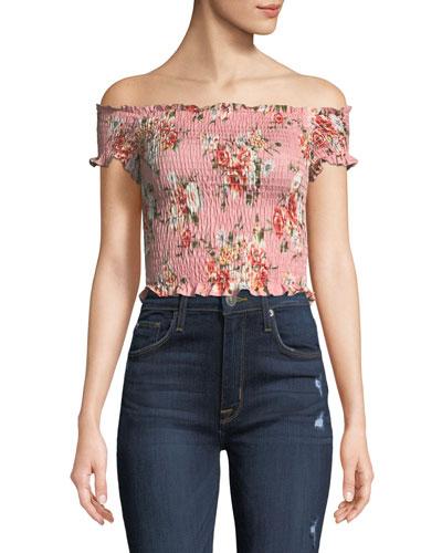 Off-the-shoulder Smocked Crop Blouse