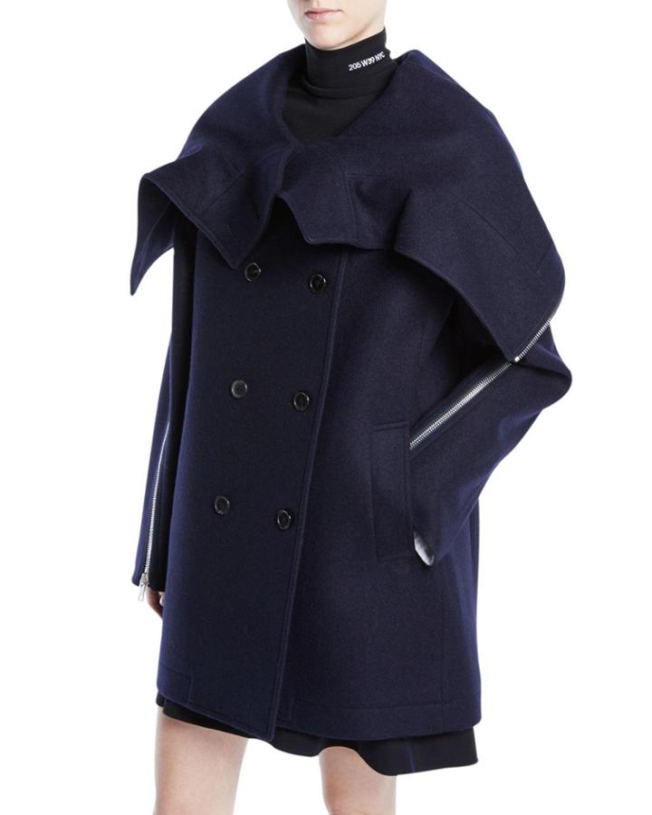 Double-breasted Wool Cape Jacket W/ Zipper Detail