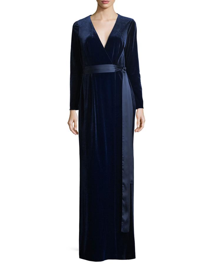 Long-sleeve Velvet Wrap Evening Gown