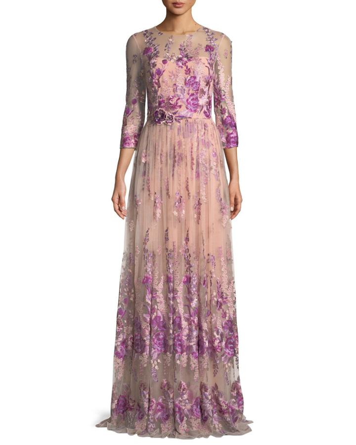 Floral Embroidered Gown W/ Beaded Waist