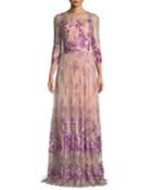 Floral Embroidered Gown W/ Beaded Waist