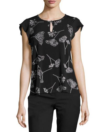 Flutter-sleeve Floral-print Top, Black