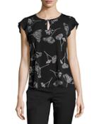 Flutter-sleeve Floral-print Top, Black