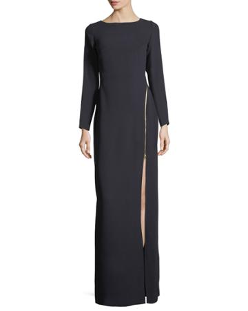 Victoire Asymmetric-zip Long-sleeve Column Evening Gown