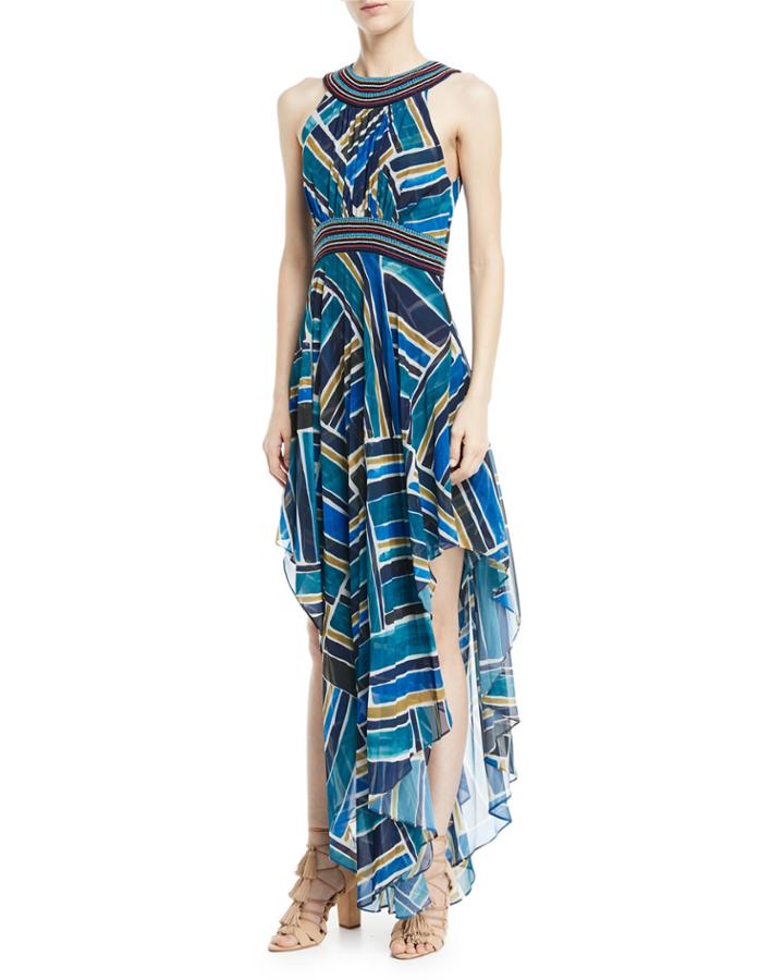 Sleeveless Halter Painted-print Dress With Handkerchief Hem