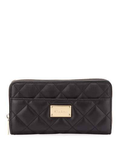 Quilted Leather Zip-around Wallet, Black