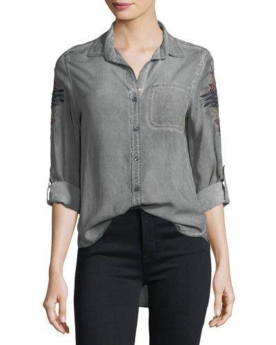 Elisa Embroidered-sleeve Chambray Blouse, Gray