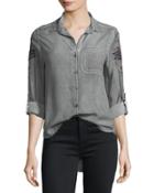 Elisa Embroidered-sleeve Chambray Blouse, Gray