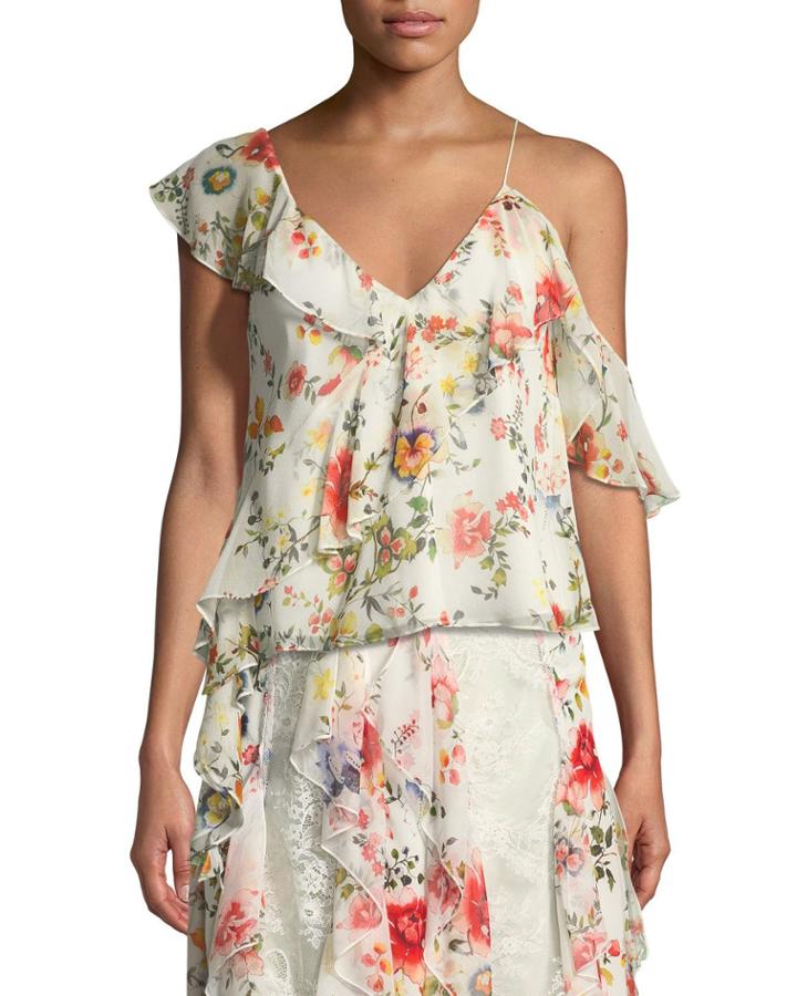 Paulina Asymmetric Floral-print Silk Ruffle Tank