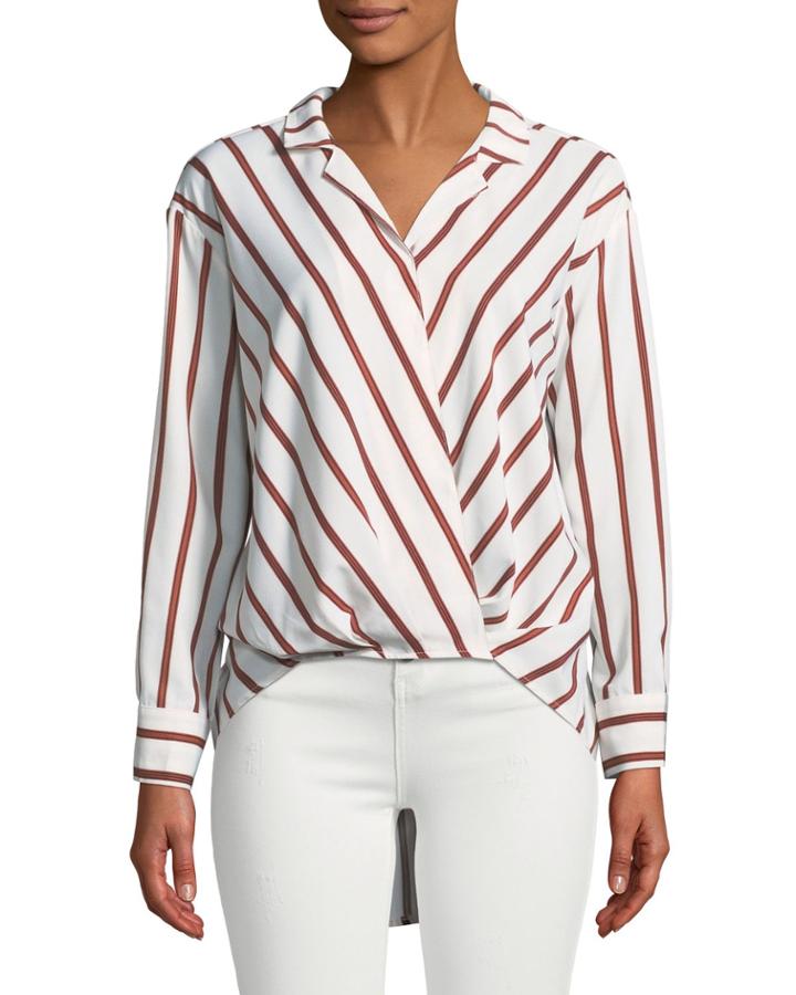 Faux-wrap Long-sleeve Striped High-low Blouse