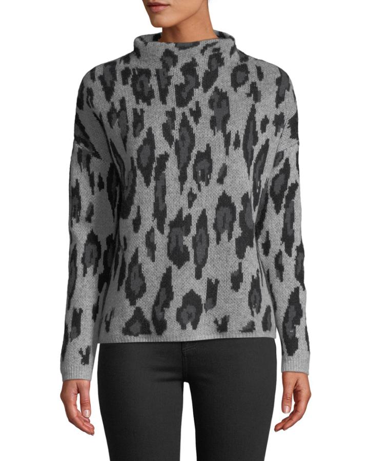 Leopard-jacquard Cashmere Mock-neck