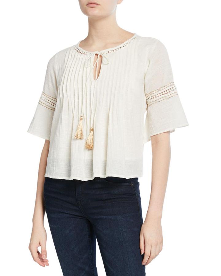 Bianca Pleated Short-sleeve Tassel-tie Keyhole Top