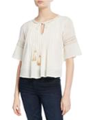 Bianca Pleated Short-sleeve Tassel-tie Keyhole Top
