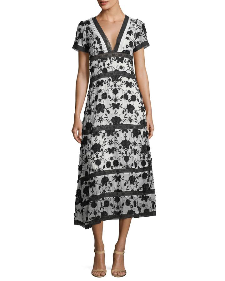 Fusca V-neck Short-sleeve Maxi Dress With Floral-embroidery