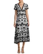 Fusca V-neck Short-sleeve Maxi Dress With Floral-embroidery
