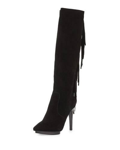 Finley Suede Fringe High-heel Boot, Black
