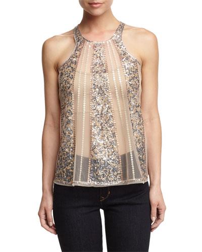 Embellished Mesh Tank, Beige
