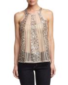 Embellished Mesh Tank, Beige
