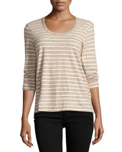 3/4-sleeve Relaxed Tee W/stripes, Heather Brown/natural