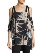 Short Flutter-sleeve Cold-shoulder Printed Top,