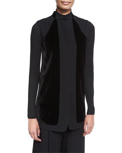 Liz Long Vest W/ Angled Velvet Panels, Black