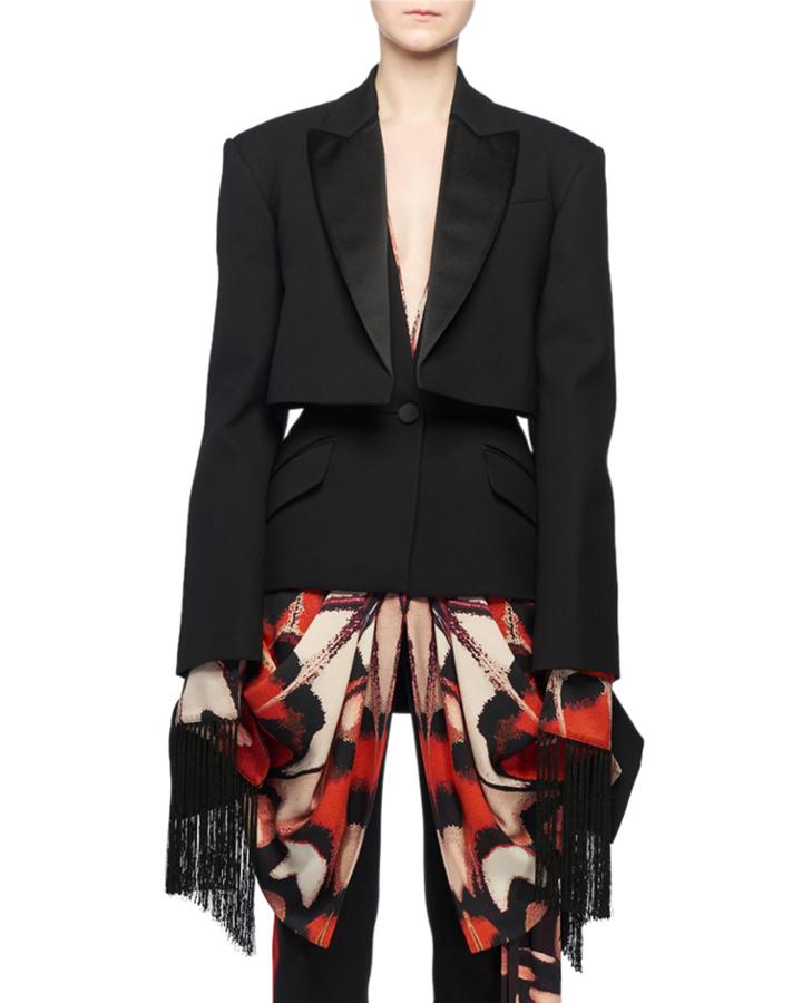 Scarf-draping Fringe-hem Trompe-l'oeil Layered Tuxedo Jacket