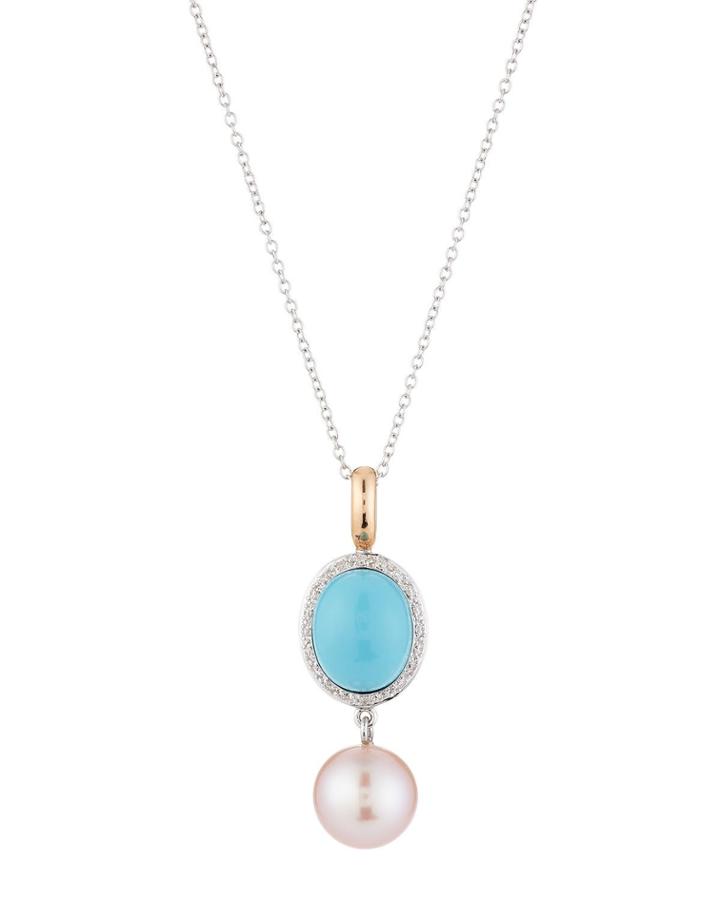18k Diamond, Turquoise & Pearl Pendant Necklace