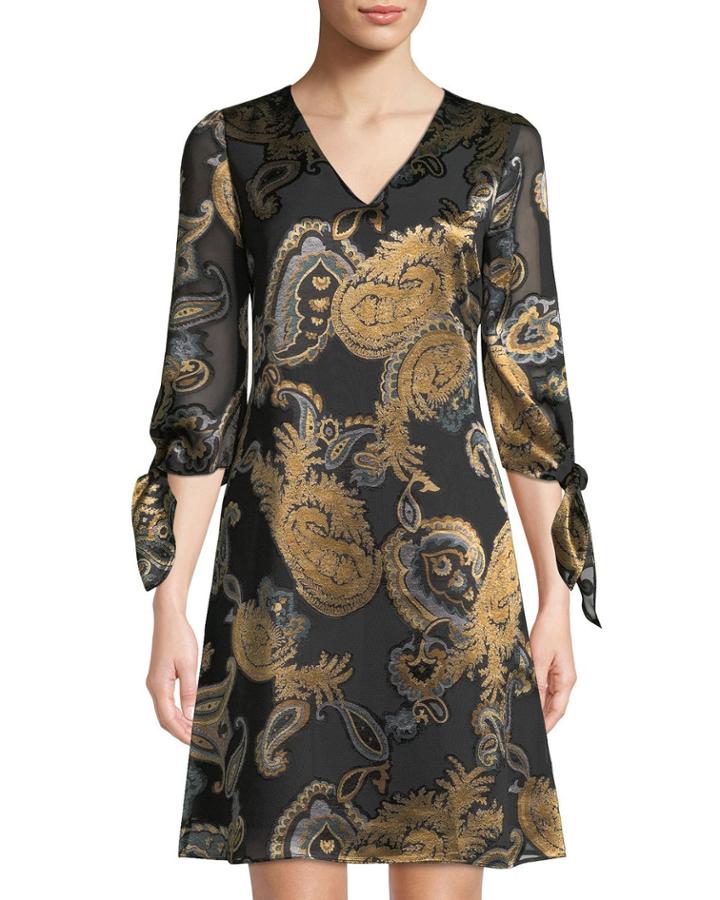 Kenna Split-sleeve Paisley Charmeuse Dress
