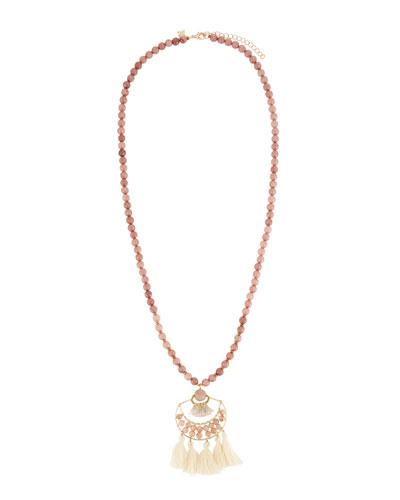 Peach Stone Beaded Necklace W/ Ivory Tassel