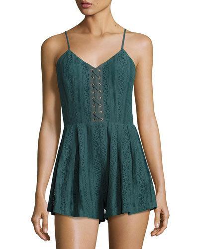 Spaghetti-strap Lace Short Romper, Dark Green
