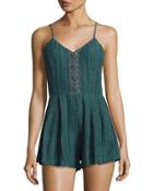 Spaghetti-strap Lace Short Romper, Dark Green