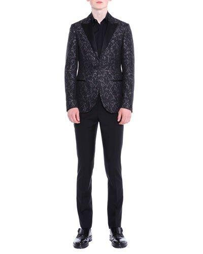 Peak-lapel Jacquard Evening Jacket, Black