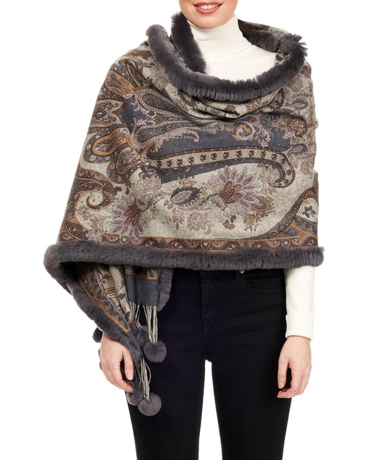 Double-face Wool Stole W/ Rabbit Fur Loop & Pompoms, Blue Pattern