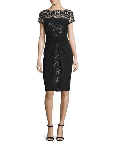 Short-sleeve Sequined Lace Cocktail Dress