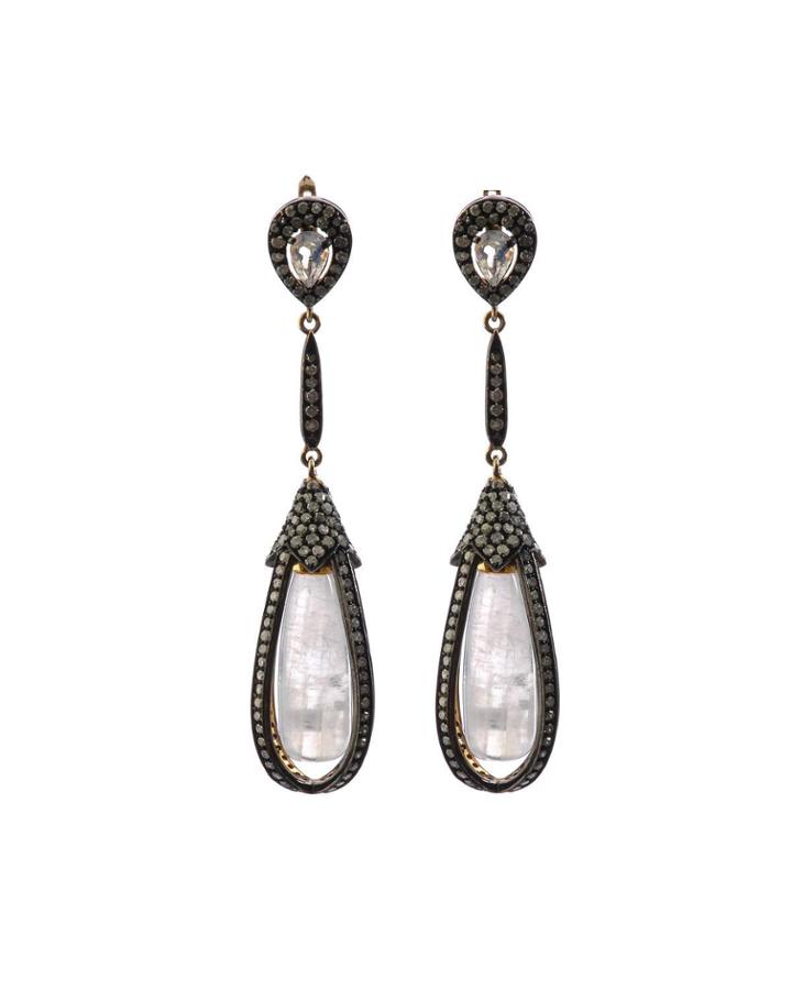 Black Silver Drop Earrings With Moonstone & Diamonds