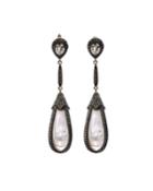 Black Silver Drop Earrings With Moonstone & Diamonds