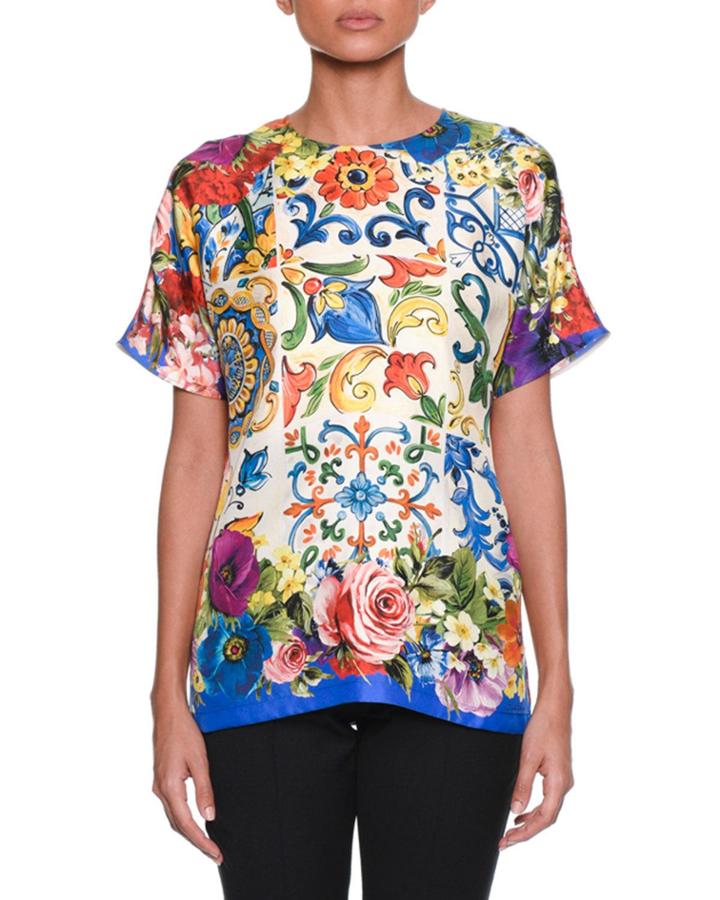 Maiolica-print Crewneck Short-sleeve