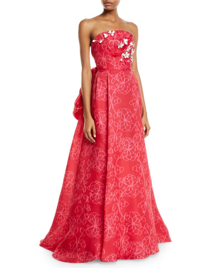 Strapless Floral-embroidered Tie-back Gown