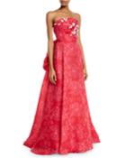 Strapless Floral-embroidered Tie-back Gown