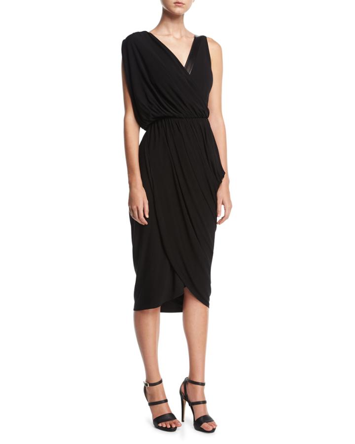 Asymmetric Drape Dress With Plong&eacute; Trim, Black