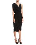 Asymmetric Drape Dress With Plong&eacute; Trim, Black