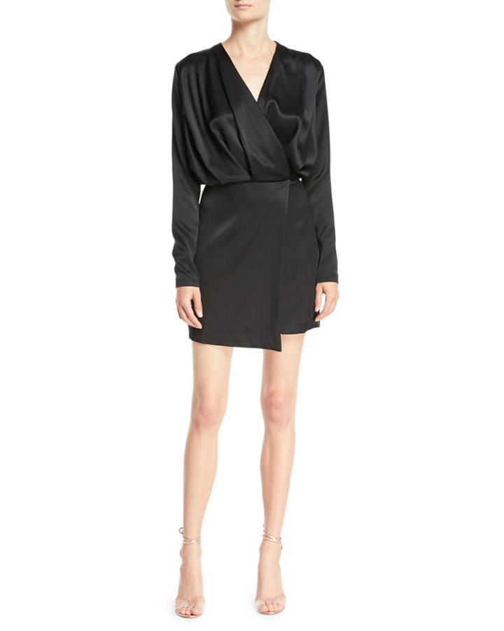 Long-sleeve Blouson-top Double-charmeuse Mini Cocktail Dress